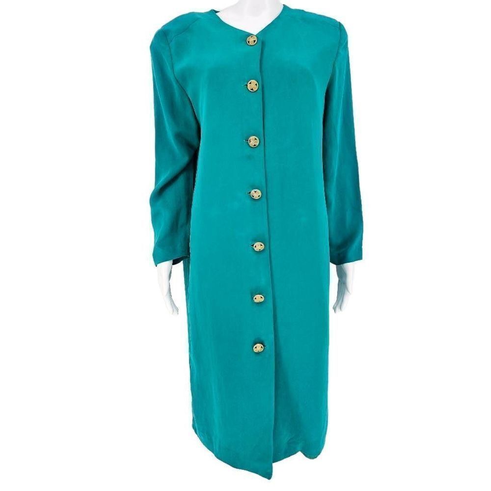 Vintage 80s Shomi Silk Midi Teal Dress 14